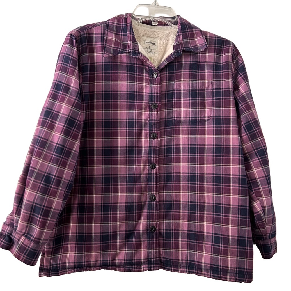 LL Bean Plaid Fleece Lined Purple Flannel Shacket Small